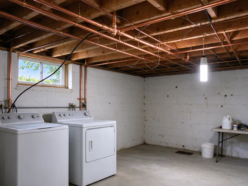 After: new copper water pipes on hangers across the same laundry basement ceiling