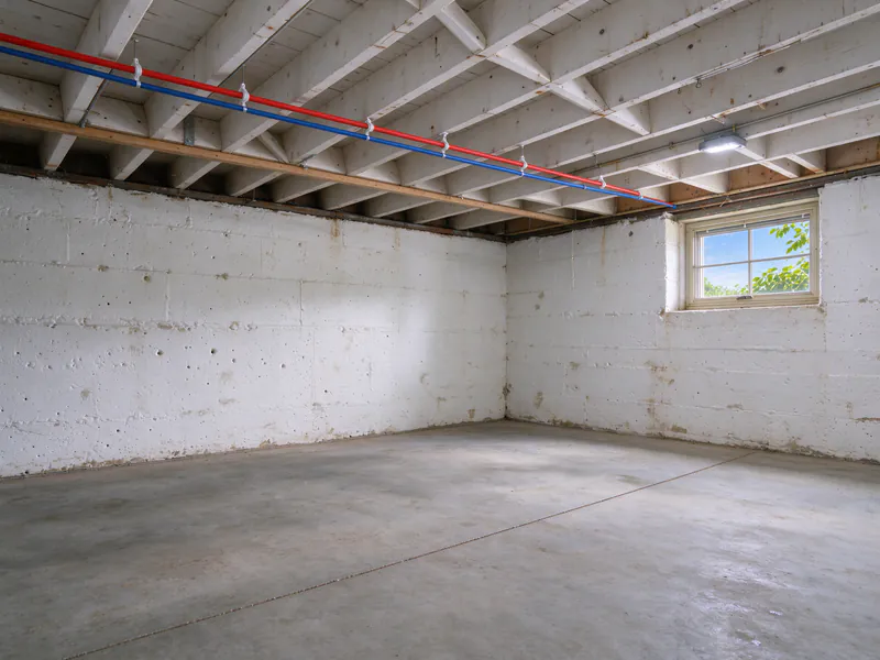 After: new red and blue PEX lines along the same basement joists