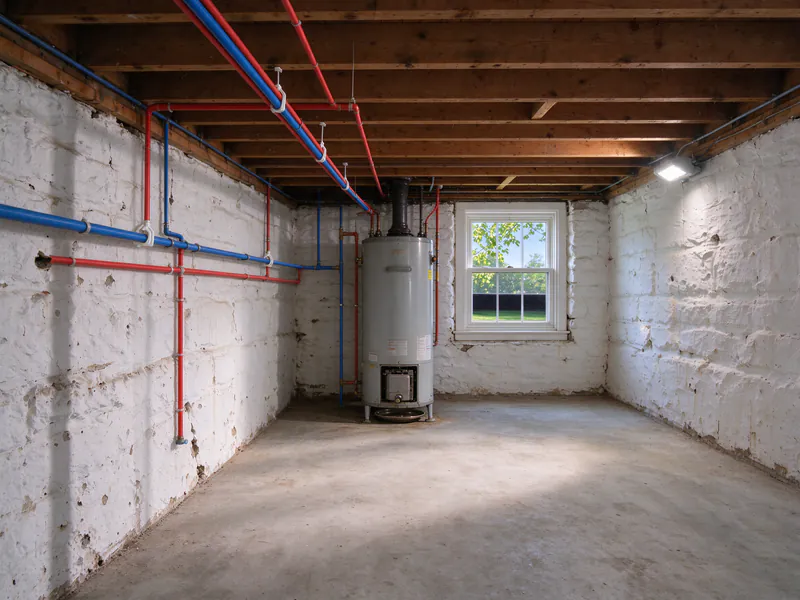 After: new red and blue PEX lines on the same basement ceiling and walls leading to the water heater