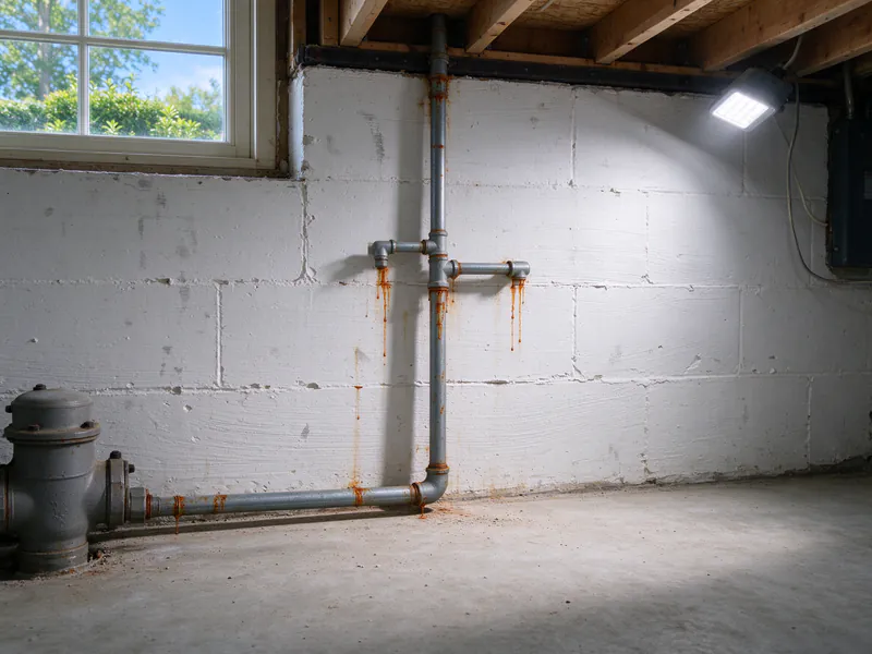Before: old galvanized pipe with rust weeping from its joints, leaving the water meter and climbing a basement wall