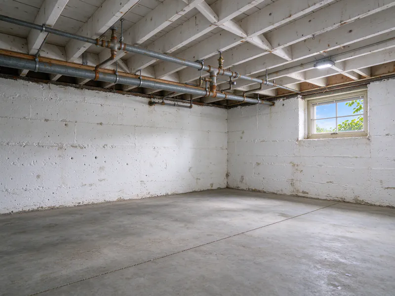 Before: old galvanized water main with rusted joints along the joists of a white basement