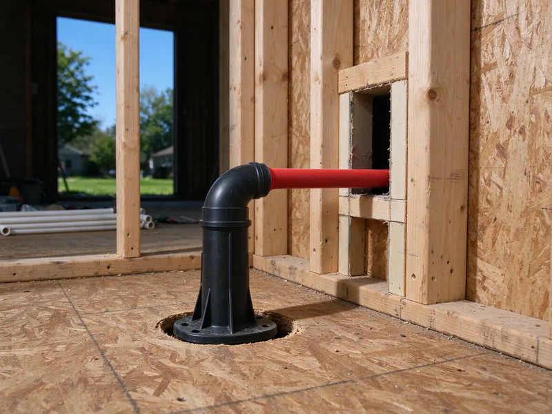 Black plastic bend support turning a red PEX tube up through a subfloor and into a stud wall, in a Columbus house