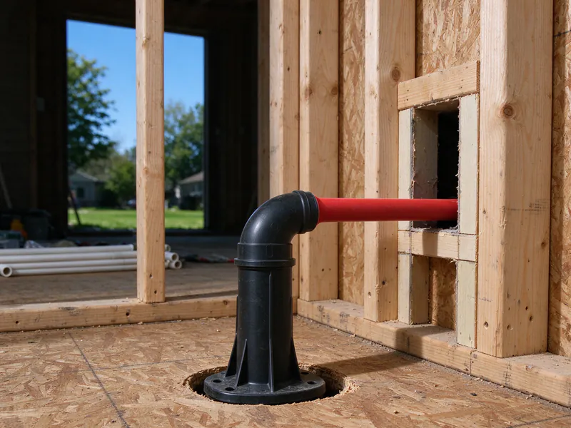 Black plastic bend support turning a red PEX tube up through a subfloor and into a stud wall, in an older Columbus home
