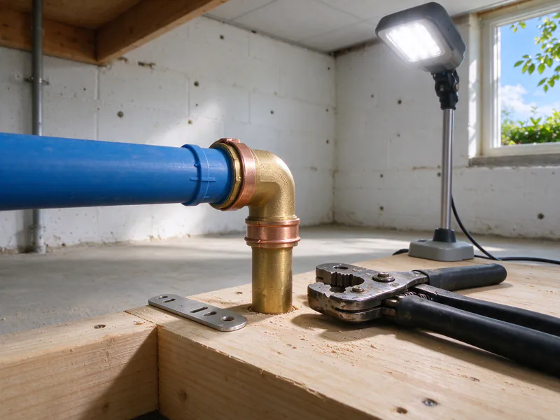 Blue PEX tube joined to a brass elbow with a copper crimp ring, a crimp tool beside it on a bench, in a Columbus house