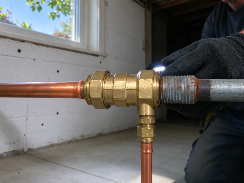 Brass dielectric union joining a copper water pipe to an old threaded galvanized nipple, in a Columbus house