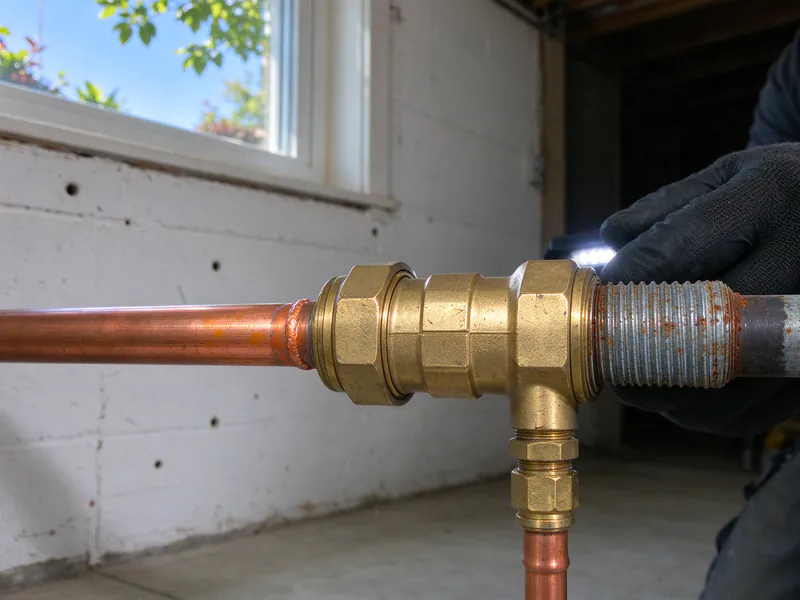 Brass dielectric union joining a copper water pipe to an old threaded galvanized nipple, in an older Columbus home