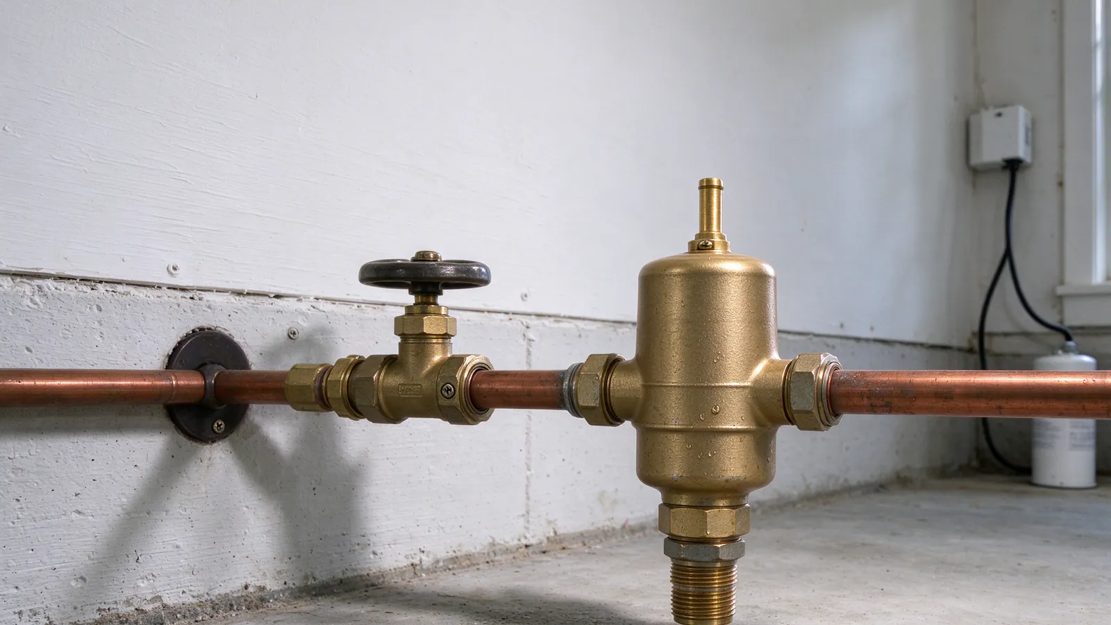 Pressure gauge threaded onto a basement hose bibb beside a brass pressure-reducing valve on a copper main near the water meter