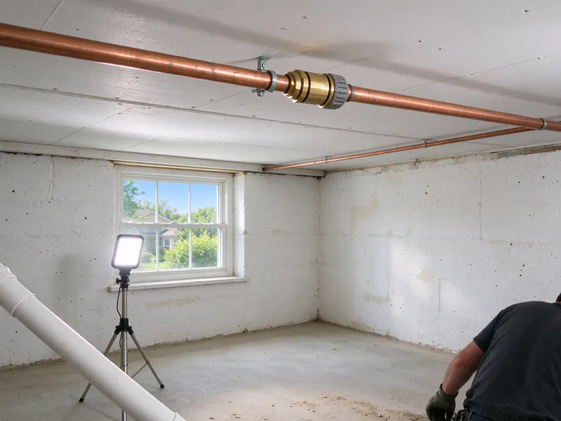 Brass push-fit coupling joining two lengths of copper water pipe on a basement ceiling, in a Columbus house