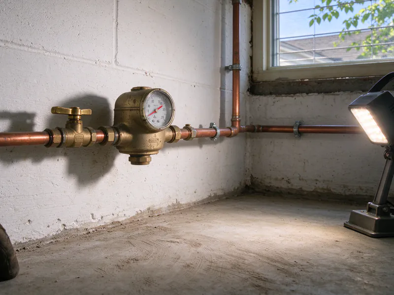 Brass water meter with a round dial on a copper line low on a white basement wall, a shutoff valve before it, in a Franklin County house