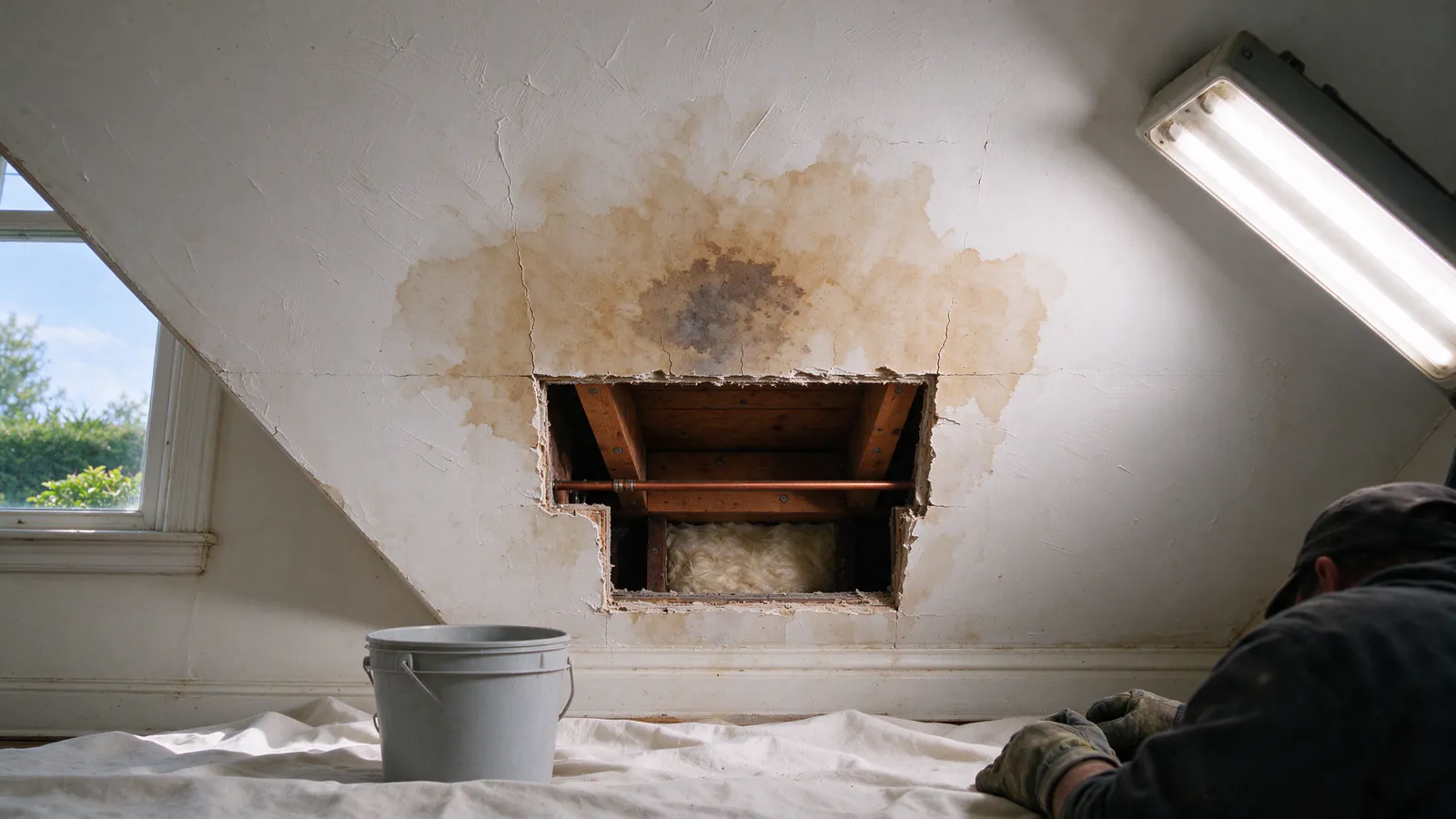 A brown water stain on a white plaster ceiling below an upstairs bathroom, with a small square access opening cut beside it