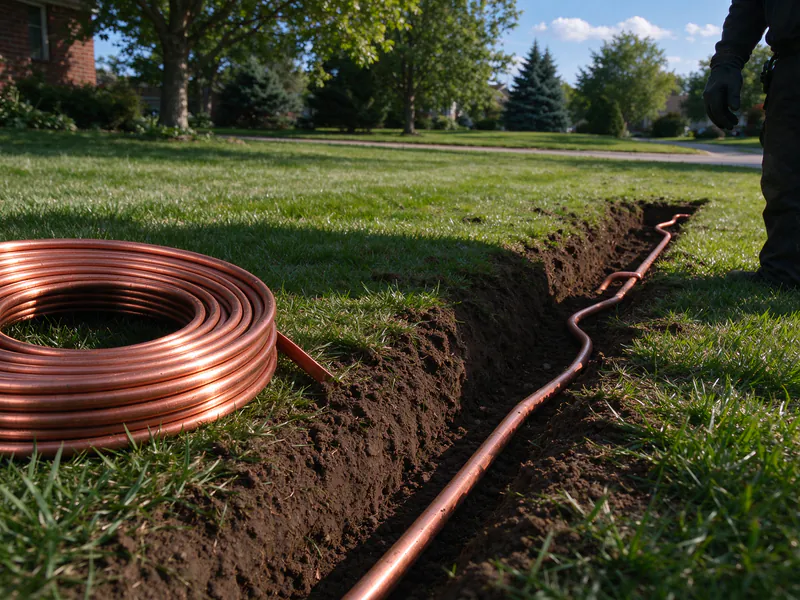 Coil of soft copper service pipe being laid along a narrow trench across a front lawn, in a Columbus house