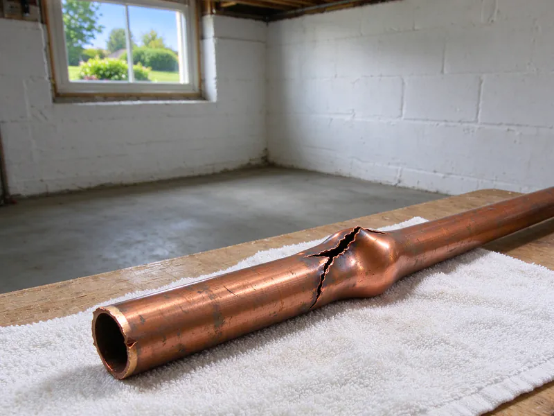 Copper pipe split open and bulged from freezing, lying on a towel on a workbench, in an older Columbus home