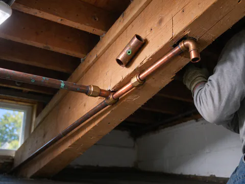 A cut length of copper water pipe with a green-crusted pinhole beside a new soldered coupling on a basement supply line
