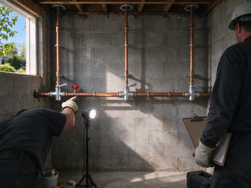 Copper water main with three ball valves feeding risers in the basement mechanical room of a small apartment building, in a Columbus house