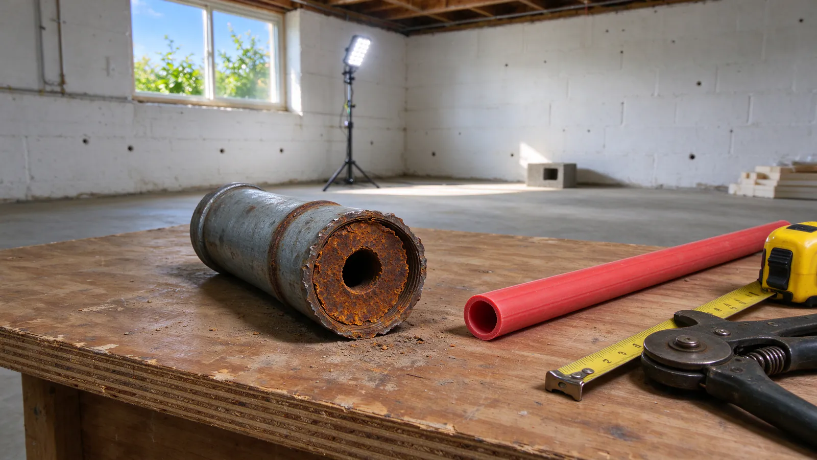 A cut section of old galvanized water pipe with its bore nearly closed by rust scale, held beside a new length of PEX tubing