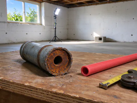 A cut section of old galvanized water pipe with its bore nearly closed by rust scale, held beside a new length of PEX tubing