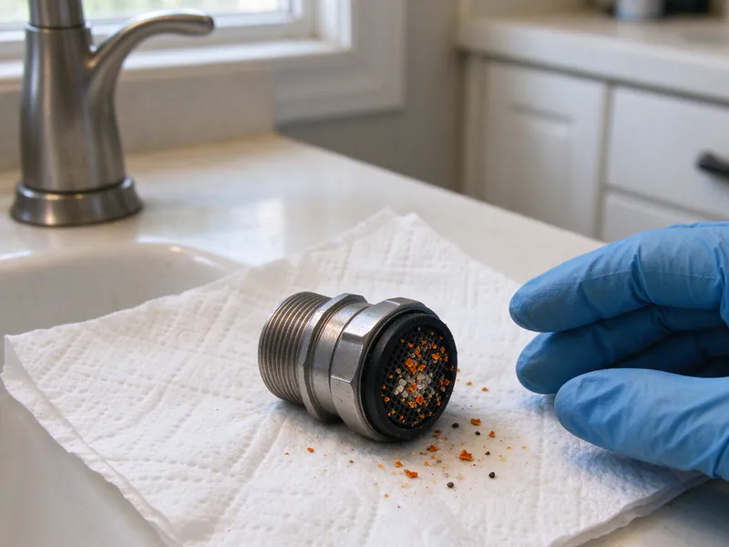 Faucet aerator on a paper towel with its screen clogged by orange rust flakes, in an older Columbus home