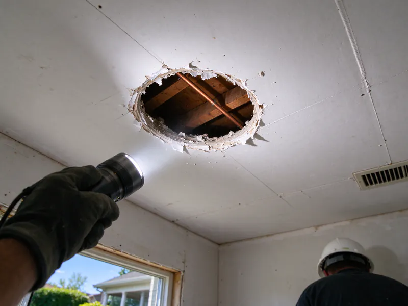 Flashlight shining into a round inspection hole in a ceiling, showing a copper pipe between joists, in a Columbus house