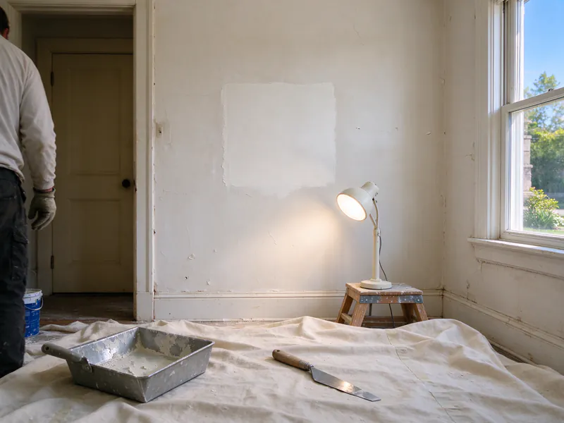 Freshly skimmed square patch on a plaster wall, with a mud pan and putty knife on a drop cloth, in a Columbus house