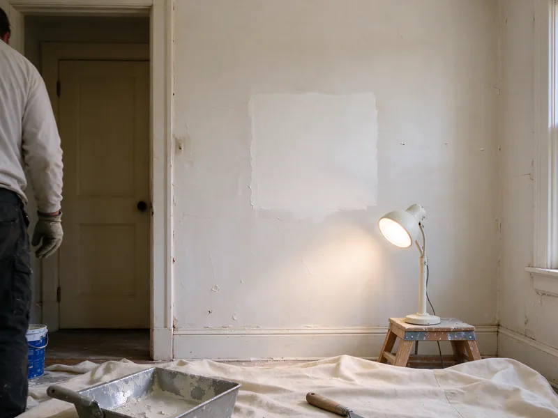 Freshly skimmed square patch on a plaster wall, with a mud pan and putty knife on a drop cloth, in an older Columbus home