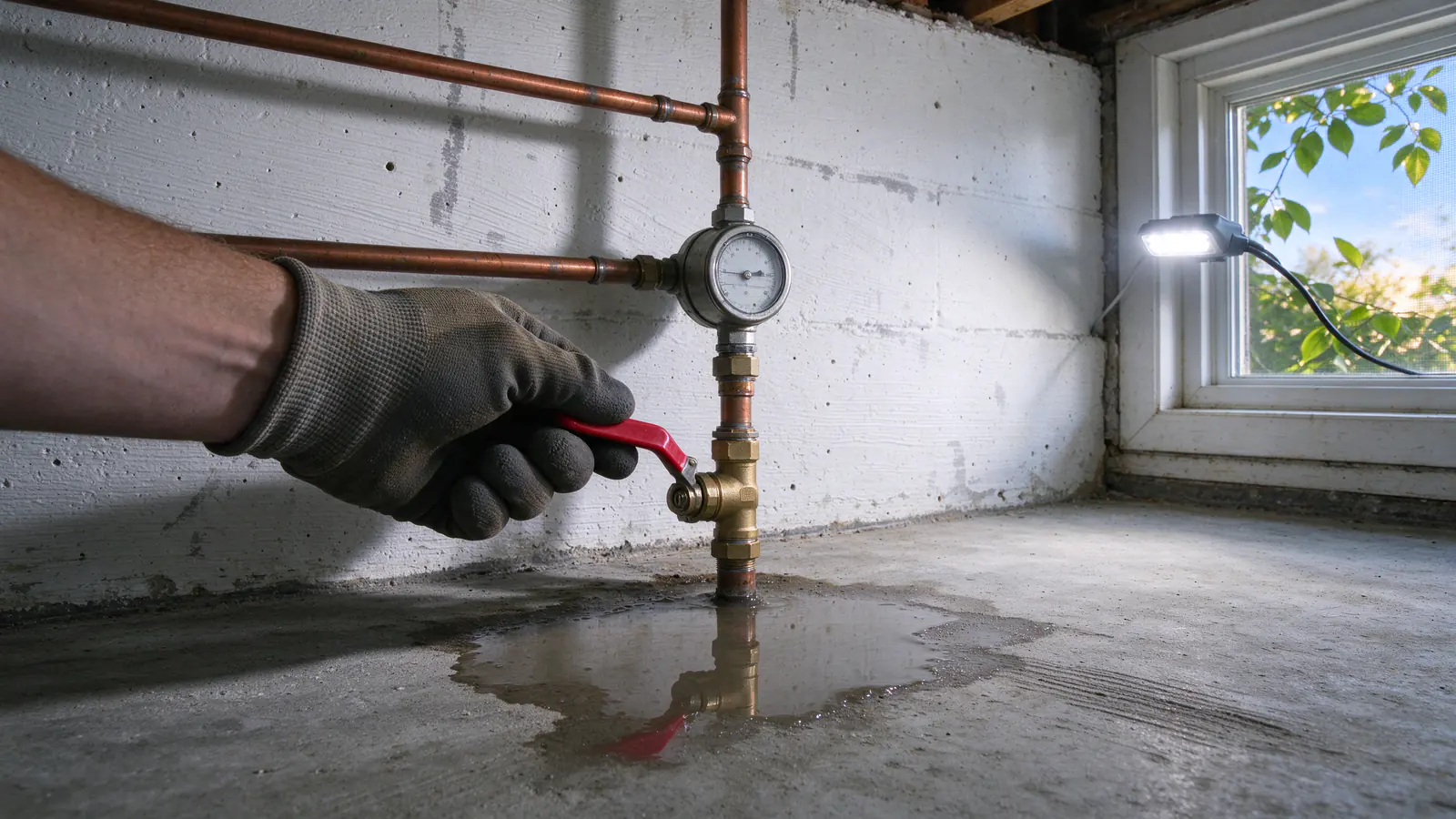 A hand closing a lever-handle main shutoff valve on a copper line beside an inside water meter on a basement wall