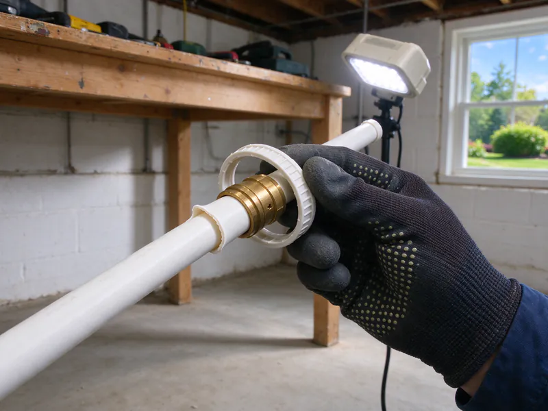 Gloved hand fitting a white expansion ring over a brass PEX fitting on white PEX-A tubing, in a Columbus house