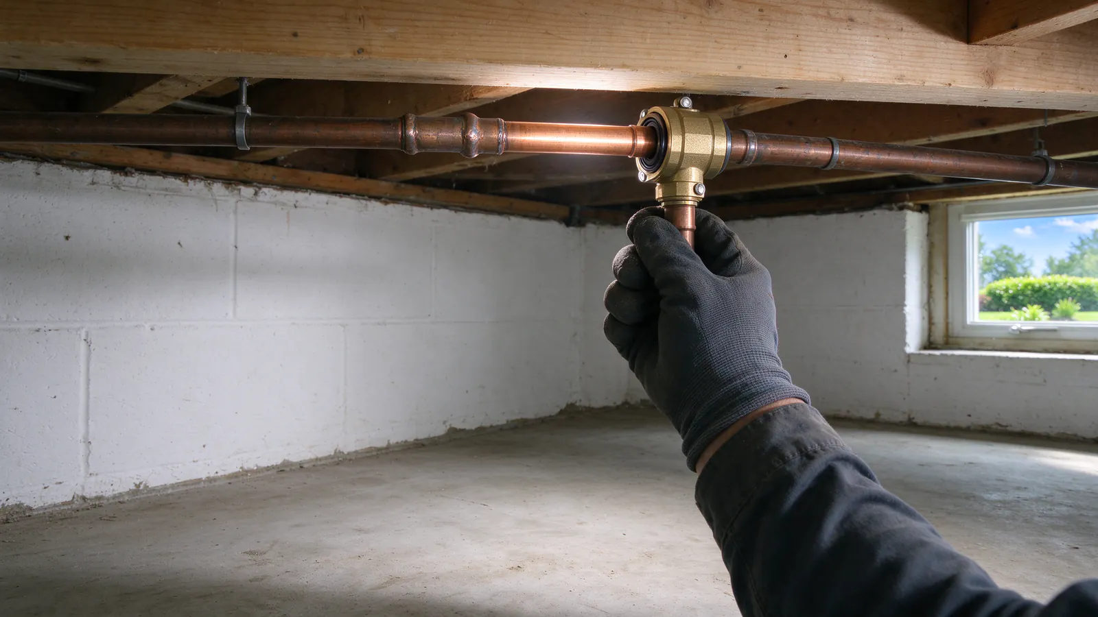 A short new copper section joined into older copper supply pipe with two couplings under a basement joist