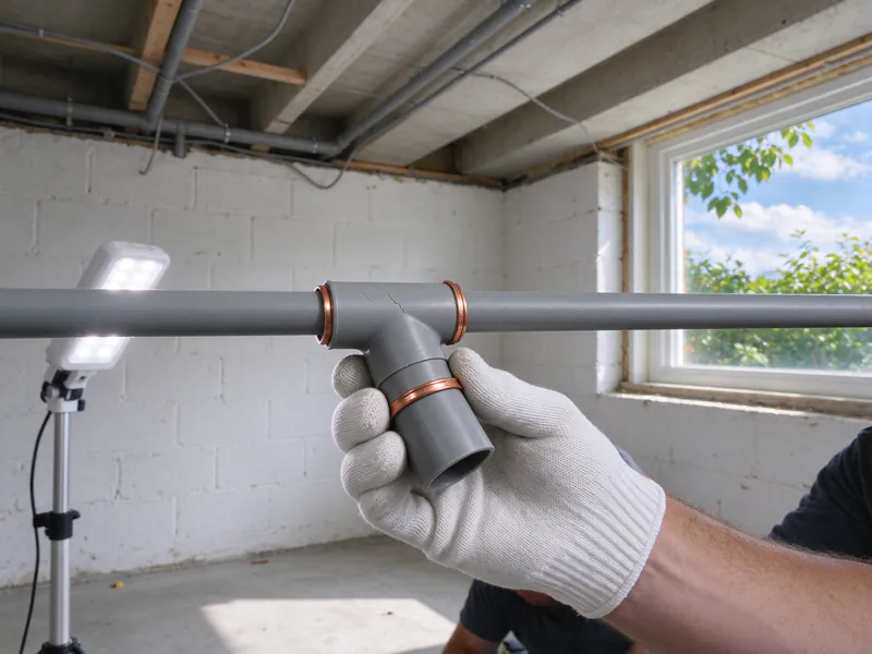 Gloved hand holding a gray polybutylene tee joined with copper crimp rings on a basement ceiling line, in a Columbus house