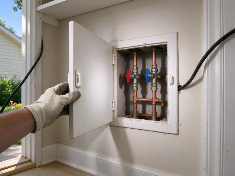 Gloved hand opening a small access panel to reveal red and blue handled shutoff valves on copper lines, in a Columbus house