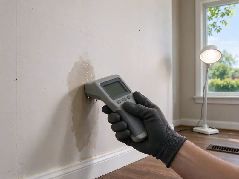 Gloved hand pressing a moisture meter against a damp stain on a wall near the baseboard, in a Columbus house