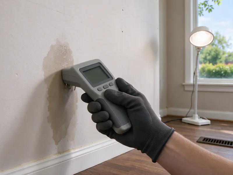 Gloved hand pressing a moisture meter against a damp stain on a wall near the baseboard, in a Franklin County house