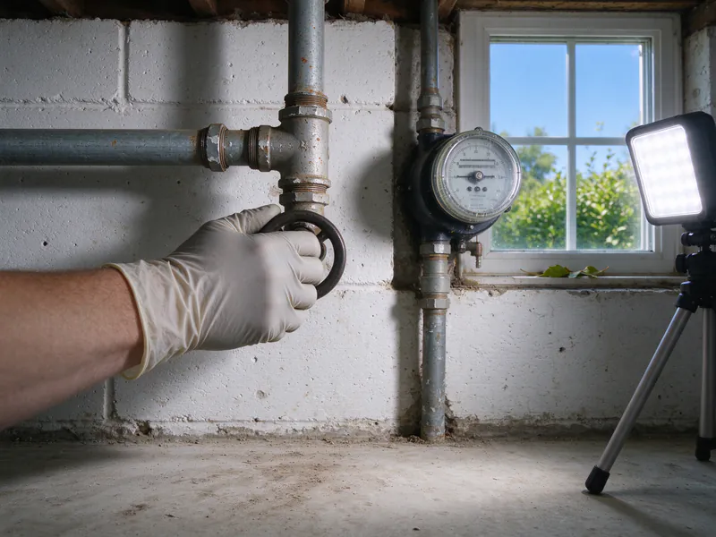 Gloved hand turning the round handle of an old main shutoff valve beside a water meter, in a Columbus house