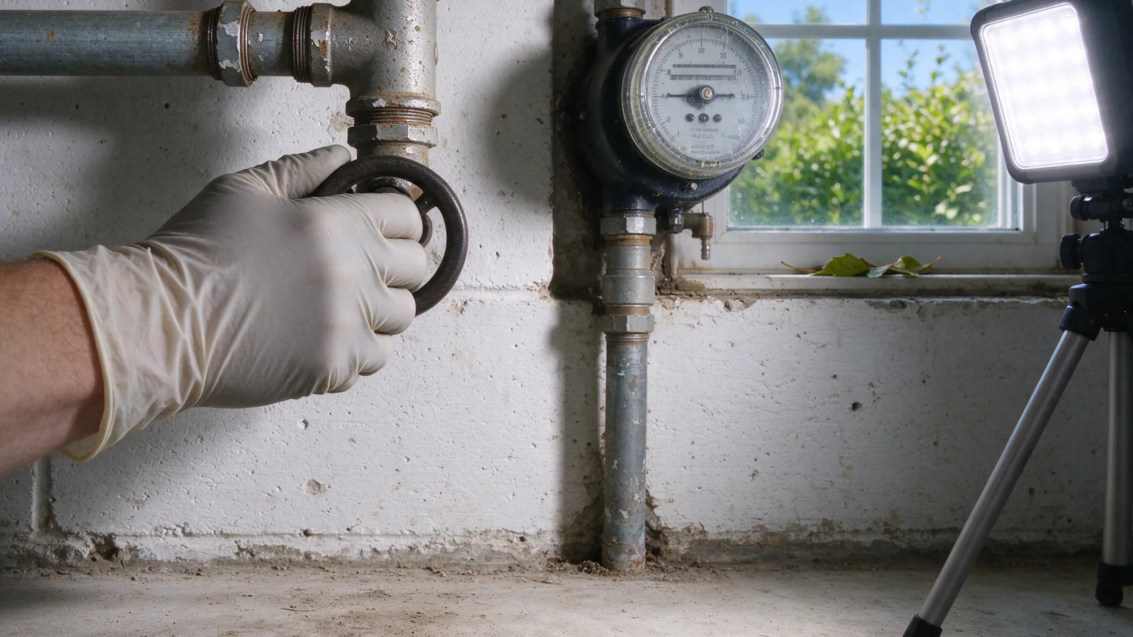 A hand turning a round red handle on a main water shutoff valve beside a water meter on a basement wall, with a wet floor below