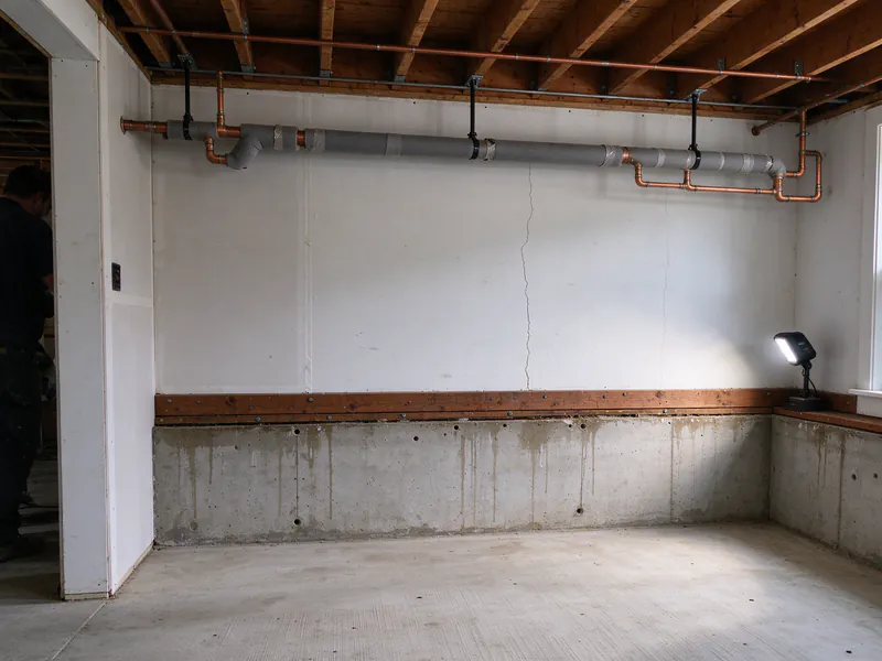 Gray foam insulation on a water line running along the top of a basement wall near the rim joist, in an older Columbus home