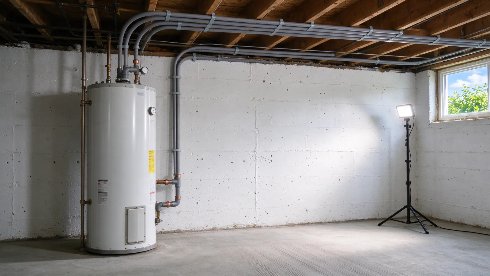 Gray plastic water tubing joined with a plastic elbow and a copper crimp ring, stamped PB2110, beside a basement water heater