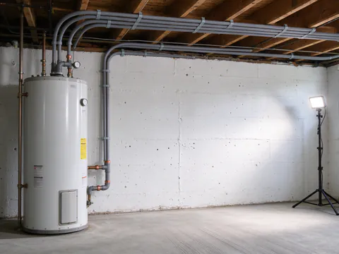 Gray plastic water tubing joined with a plastic elbow and a copper crimp ring, stamped PB2110, beside a basement water heater