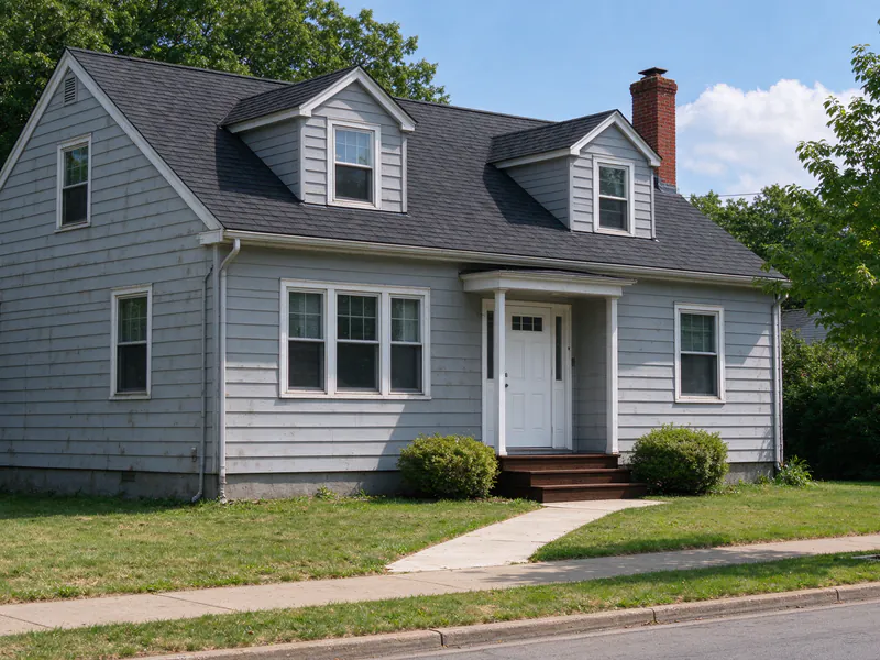 Gray-sided Cape Cod house with two dormers and a brick chimney on a quiet street in Clintonville, Columbus, in a Columbus house