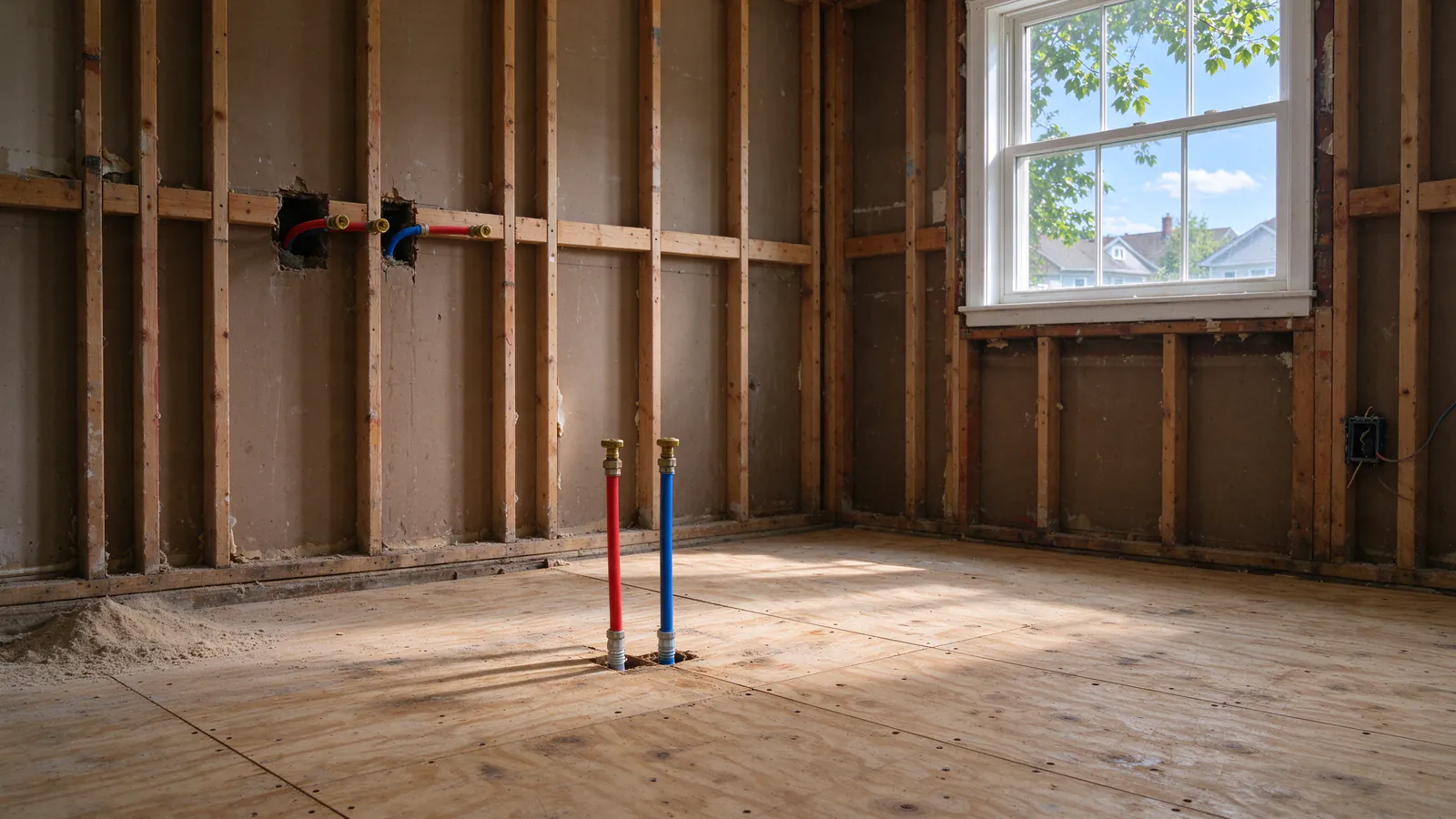 A gutted kitchen with bare studs and subfloor, new PEX supply lines stubbed out through a stud wall where the sink will go