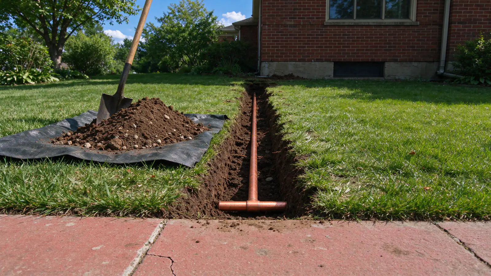 A narrow trench across a front lawn with a new coil of copper service pipe laid in the bottom, running toward the foundation of a brick house