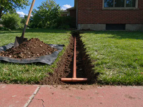 A narrow trench across a front lawn with a new coil of copper service pipe laid in the bottom, running toward the foundation of a brick house