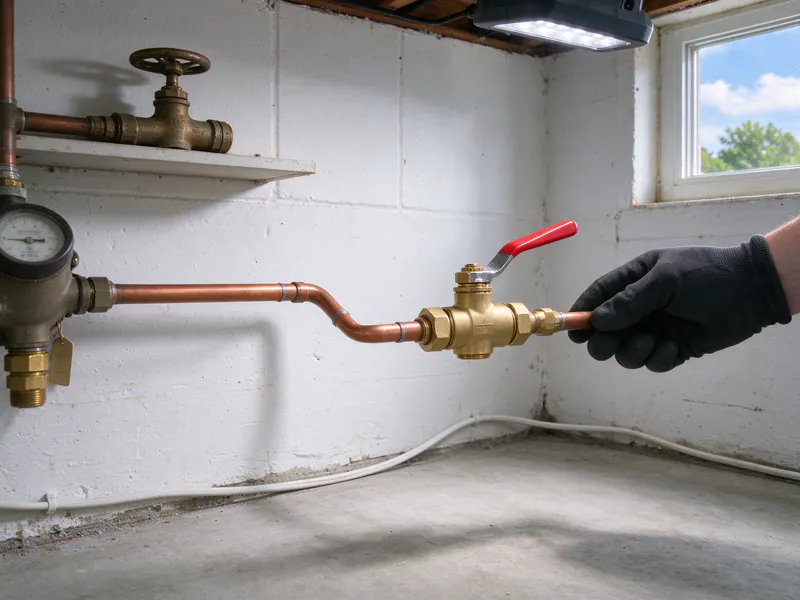 New brass ball valve with a red lever on a copper line after a water meter, the old round-handled gate valve on a shelf above, in a Columbus house
