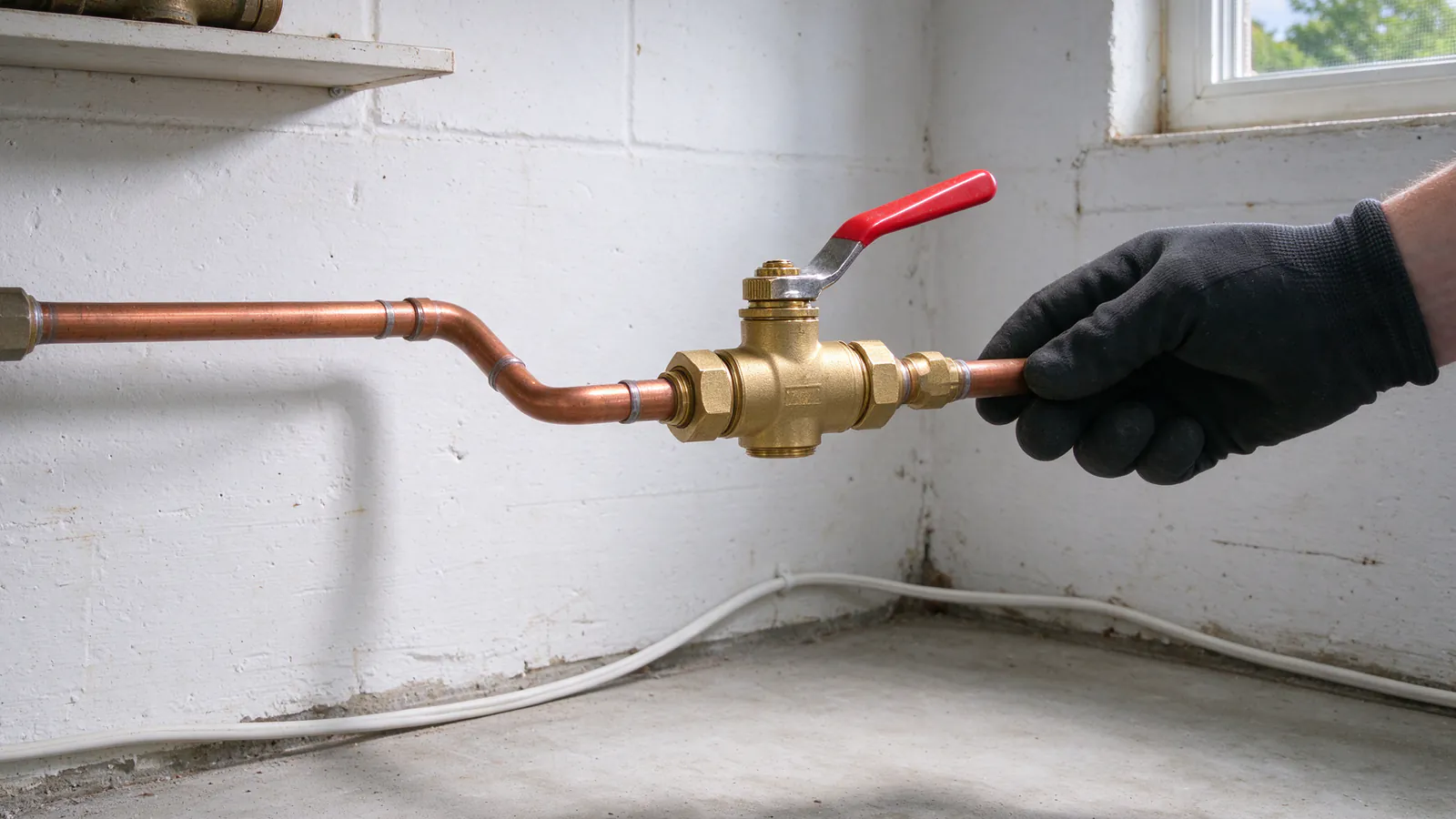 Home inspector's clipboard resting on a basement shelf beside threaded galvanized pipe entering the wall near an inside water meter