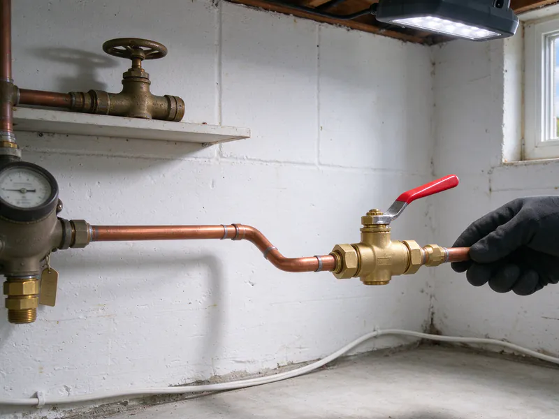 New brass ball valve with a red lever on a copper line after a water meter, the old round-handled gate valve on a shelf above, in an older Columbus home