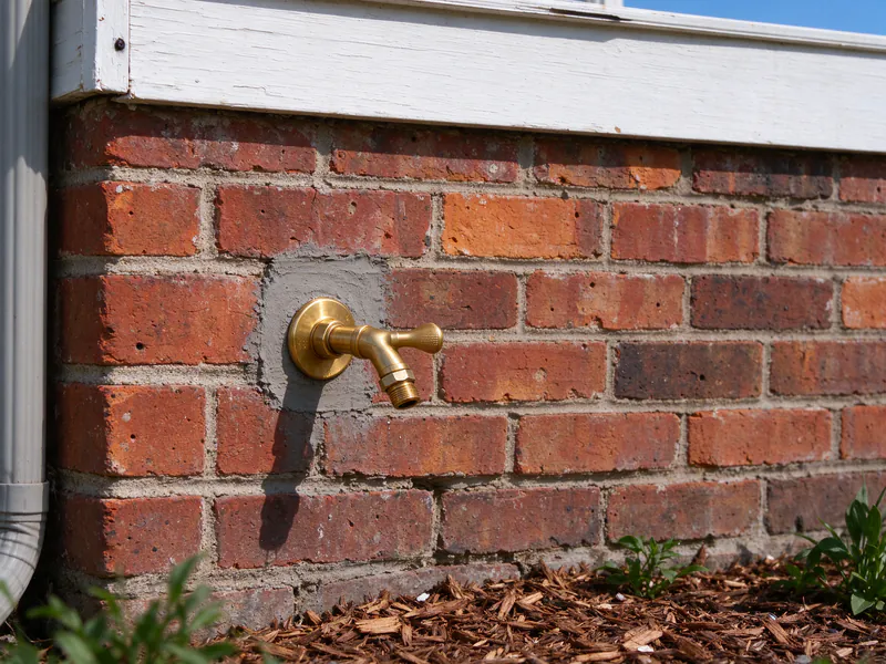 New brass hose bibb set in fresh mortar on a red brick exterior wall above a mulch bed, in a Columbus house