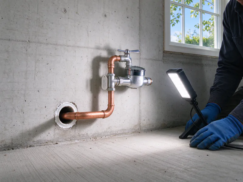 New copper service pipe entering through a sealed hole in a basement wall and connecting to a water meter, in a Columbus house