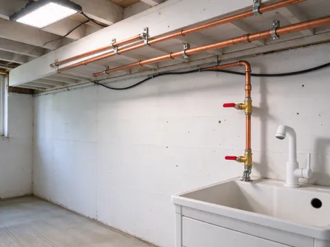 New copper water lines with press fittings and labeled ball valves running along a basement ceiling above a utility sink