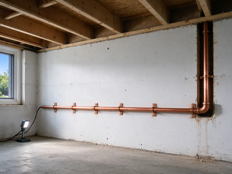 New copper water pipe running along a white basement wall on copper clips and turning up into the joists, in a central Ohio home