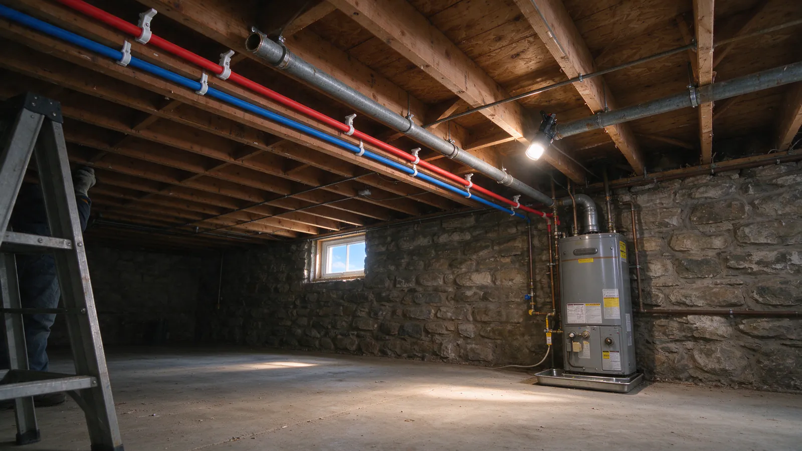 New PEX supply lines running along open basement joists beside a cut-off length of old galvanized pipe in a Columbus basement