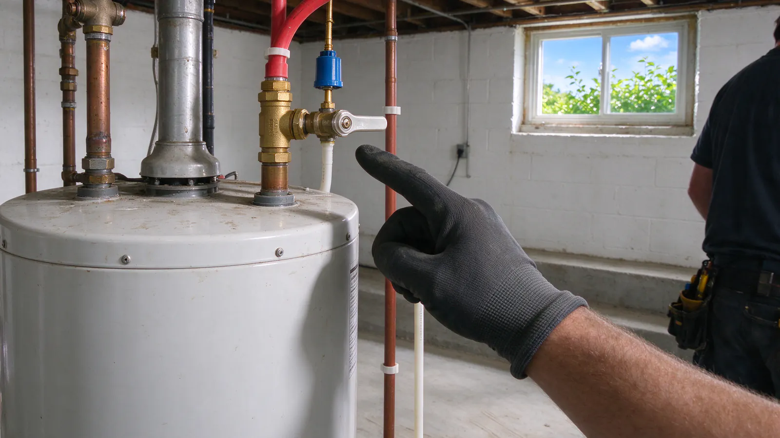 Wall-mounted PEX manifold with a row of labeled red and blue valves and tubing fanning out through a basement joist bay