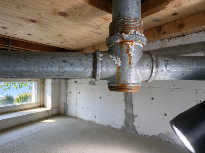 Old galvanized water pipe tee in a basement ceiling with rust and white mineral crust at its threaded joints, in a Columbus house